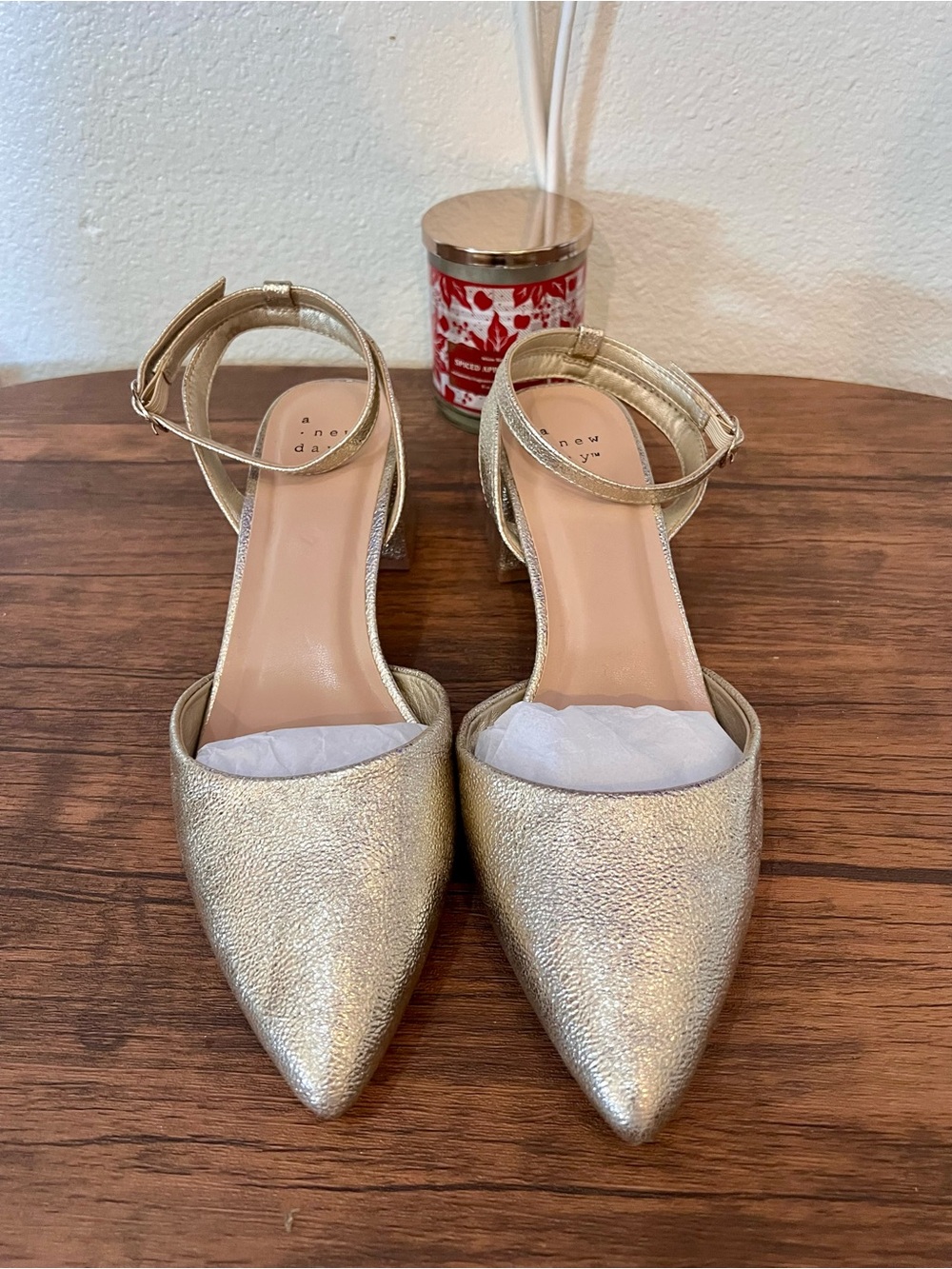 A New Day Gold Pointed Ankle-Strap Low Block Heels